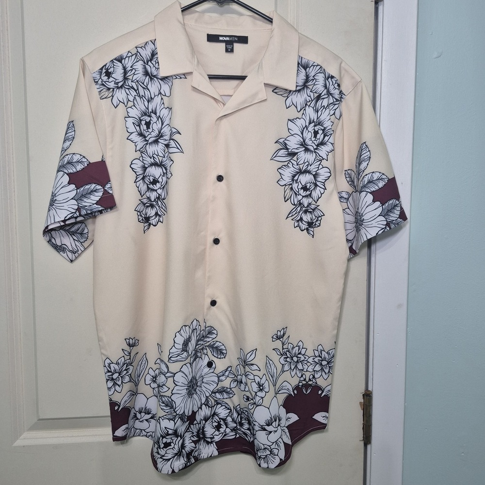 NovaMEN Fashion Nova Floral Camp Collar Shirt Cream Burgundy Size Medium